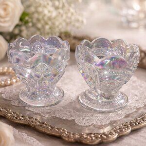 L.E. Smith Imperial Mold White Iridescent Carnival Glass Pedestal Bowl- set of 2